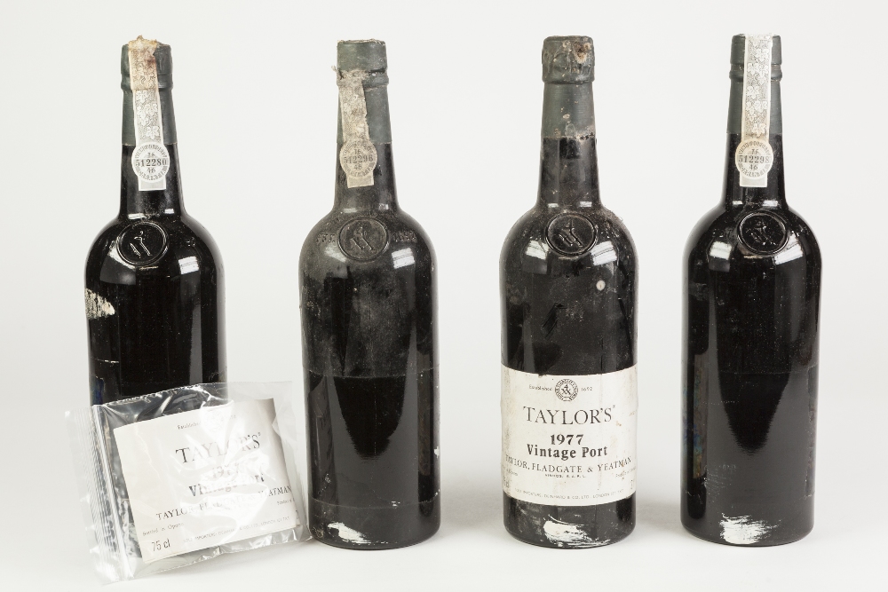 FOUR 75cl BOTTLES OF TAYLORS VINTAGE PORT, 1977, three with loose labels, (4)