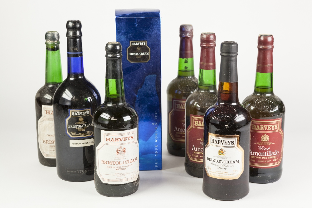 THREE BOTTLES OF HARVEYS CLUB AMONTILLADO SHERRY, together with FIVE BOTTLES OF HARVEYS BRISTOL