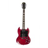 SIX STRING ELECTRIC GUITAR with two tone and two volume control knobs and rhythm treble,