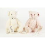 TWO STEIFF TEDDY BEARS, comprising: KRYSTAL, white, and ANOTHER, SIMILAR, IN PINK WITH STUDDED