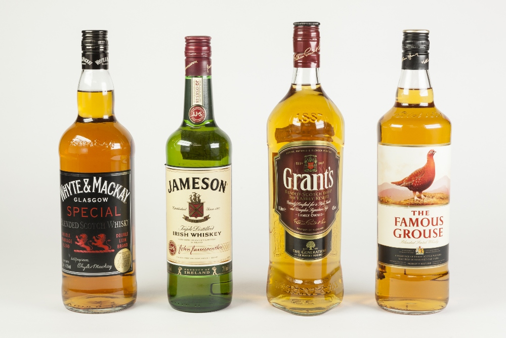 THREE 1ltr BOTTLES OF BLENDED SCOTCH WHISKY, comprising: GRANT'S, THE FAMOUS GROUSE, and WHYTE &