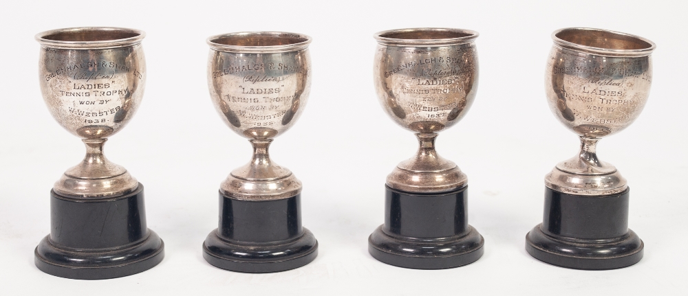 FOUR SILVER GREENHALGH AND SHAW LTD. (REPLICA) LADIES TENNIS TROPHY CUPS, won by W. Webster 1934-