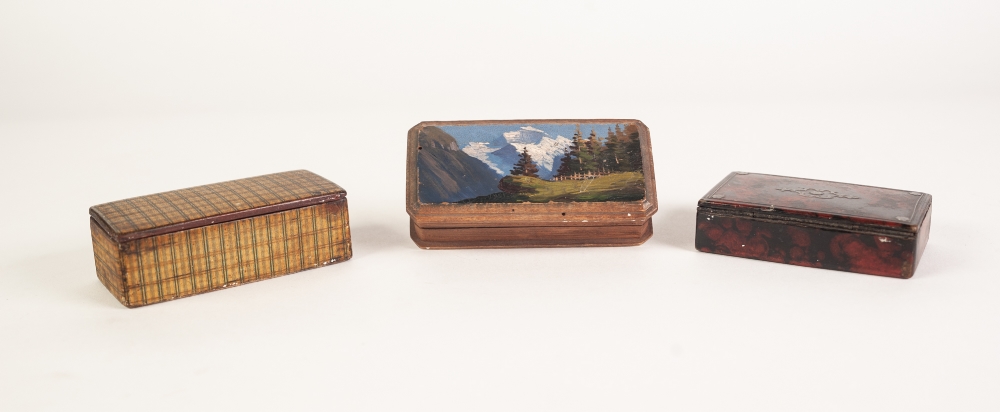 A NINETEENTH CENTURY PAPIER MACHE SIMULATED TORTOISESHELL WHITE METAL MOUNTED SNUFF BOX, a WOODEN