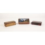 A NINETEENTH CENTURY PAPIER MACHE SIMULATED TORTOISESHELL WHITE METAL MOUNTED SNUFF BOX, a WOODEN