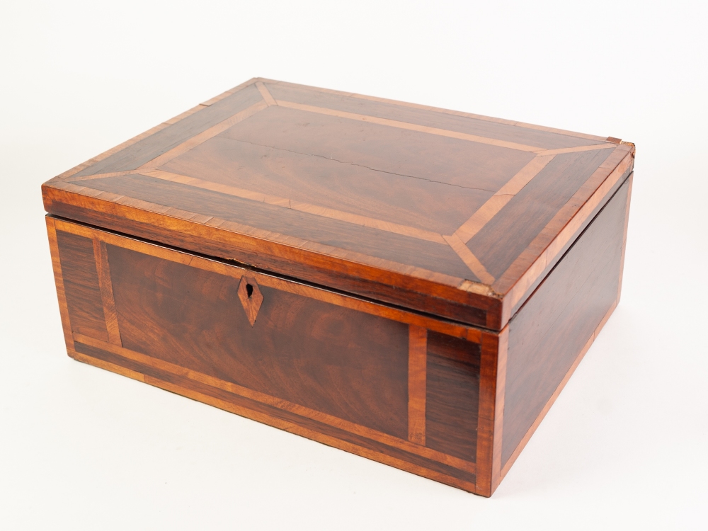 VICTORIAN FIGURED MAHOGANY AND SATINWOOD CROSSBANDED WORK BOX, the compartmented interior with