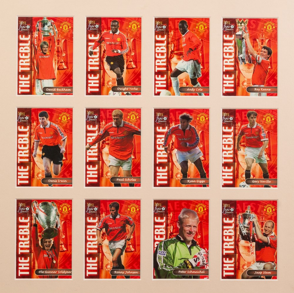 THREE FRAMED AND GLAZED CARDS OF MANCHESTER UNITED PLAYERS, European Champions 1999, The Treble - Image 4 of 4