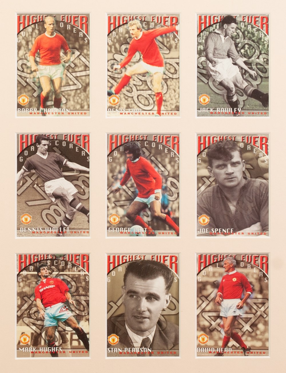 THREE FRAMED AND GLAZED CARDS OF MANCHESTER UNITED PLAYERS, European Champions 1999, The Treble - Image 2 of 4