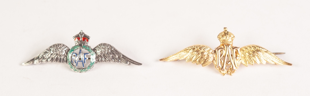 a 9ct GOLD RAF. WINGS BROOCH and a silver (unmarked) with enamel DITTO (2)