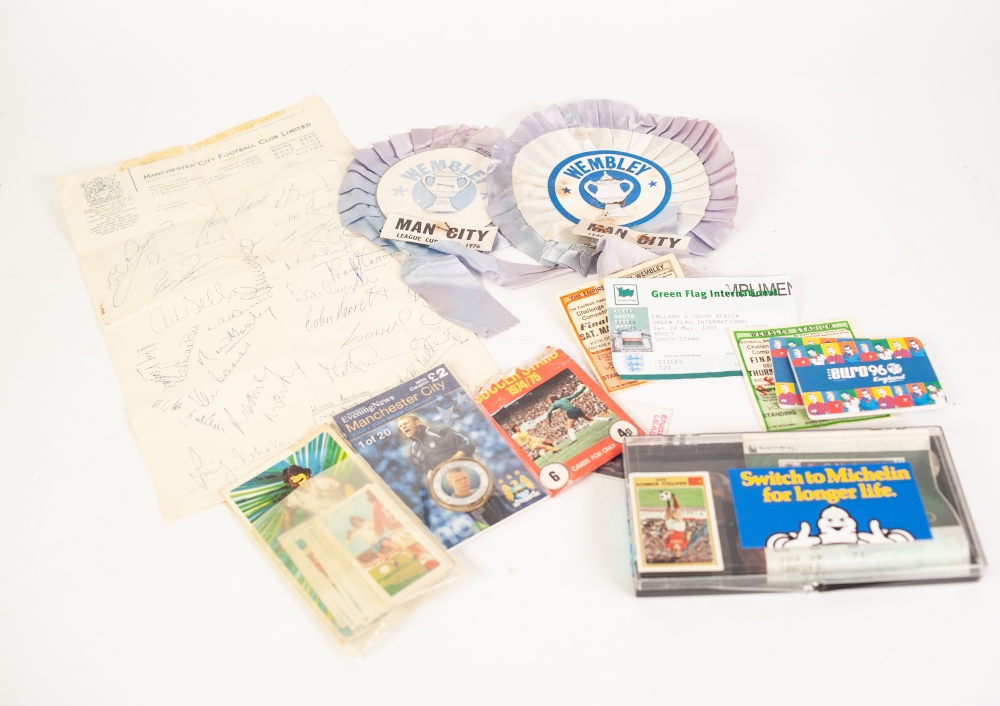 SMALL QUANTITY OF FOOTBALL MEMORABILIA to include; ticket stubs from Wembley, rosettes etc......