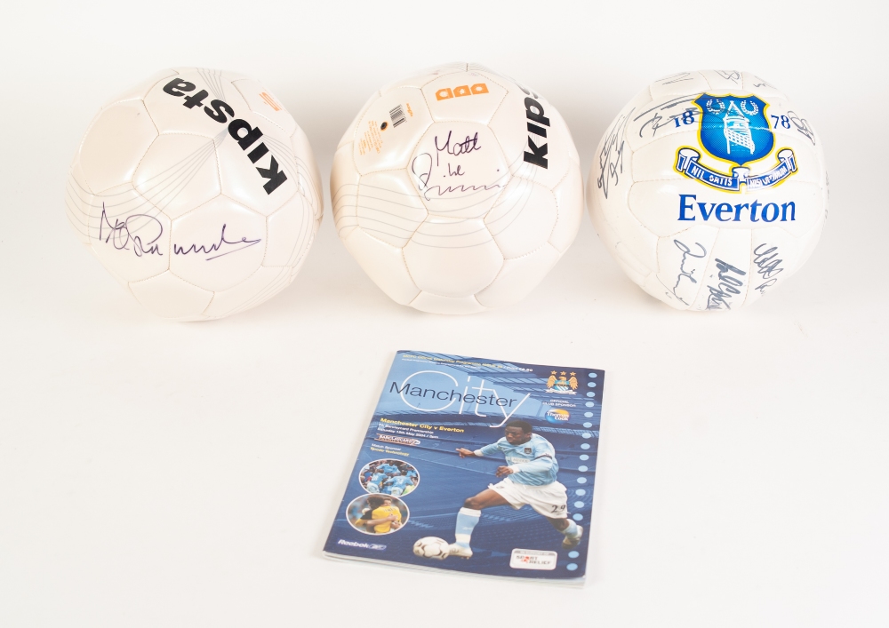 THREE FOOTBALLS, 1 signed by Mike Summerbee, 1 signed by Matt le Tissier, and signed by Everton