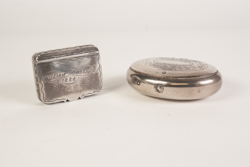 A LATE VICTORIAN WHITE METAL SNUFF BOX, the hinged cover engraved 'William Howells 1884', and an