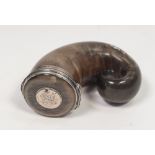 A NINETEENTH CENTURY SCOTTISH WHITE METAL MOUNTED HORN SNUFF MULL, the horn cover with white metal