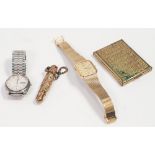 two gents quartz wrist watches; A BANK METAL MONEY BANK; TWO CIGARETTE LIGHTERS, A POWDER COMPACT