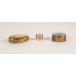 AN EARLY TWENTIETH CENTURY CIRCULAR BRASS SNUFF BOX with agate inset let, AN OVAL DITTO AND