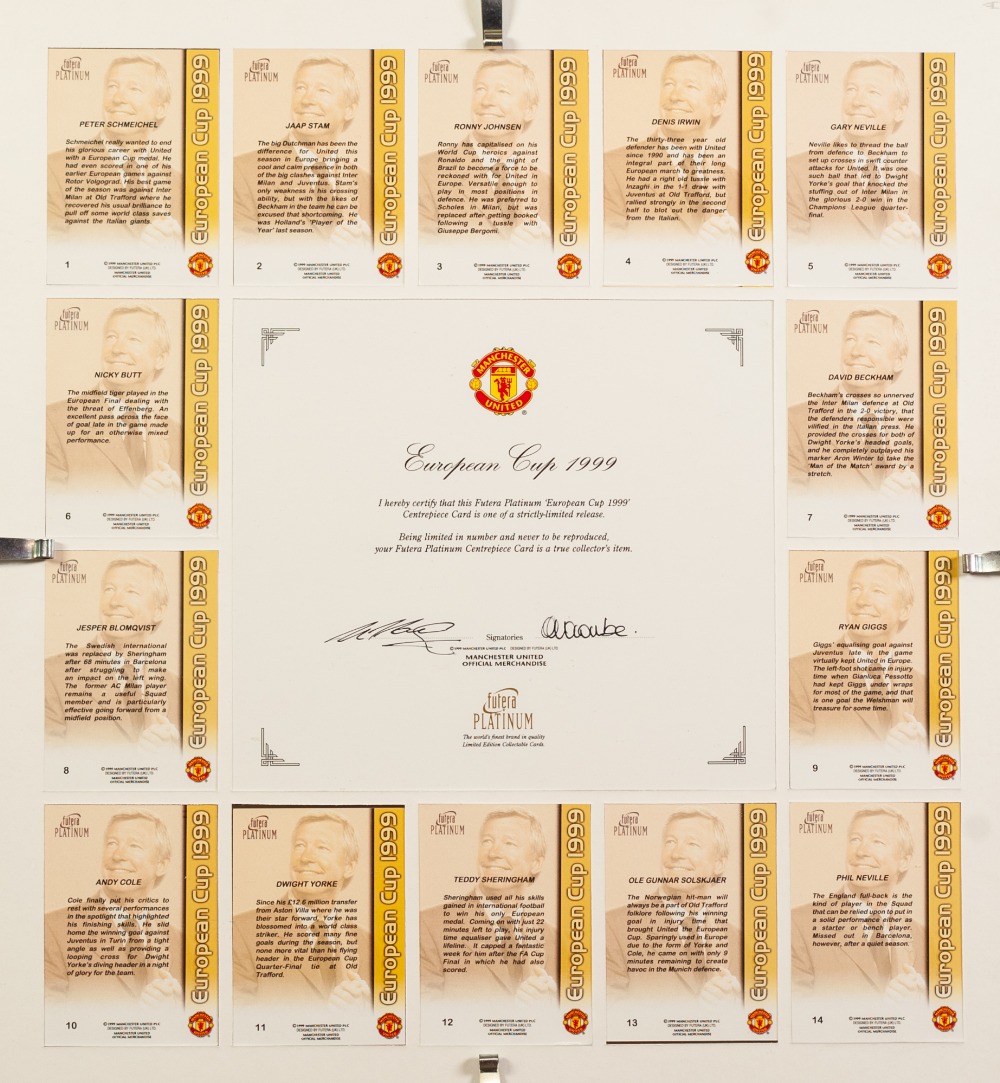 THREE FRAMED AND GLAZED CARDS OF MANCHESTER UNITED PLAYERS, European Champions 1999, The Treble - Image 3 of 4