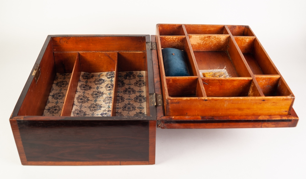 VICTORIAN FIGURED MAHOGANY AND SATINWOOD CROSSBANDED WORK BOX, the compartmented interior with - Image 3 of 3