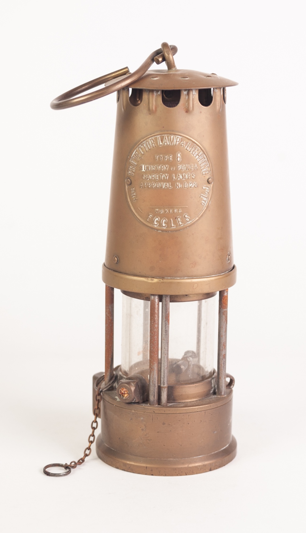 A BRASS CASED PROTECTOR LAMP AND LIGHTING TYPE 6 MINISTRY OF POWER MINERS SAFETY LAMP