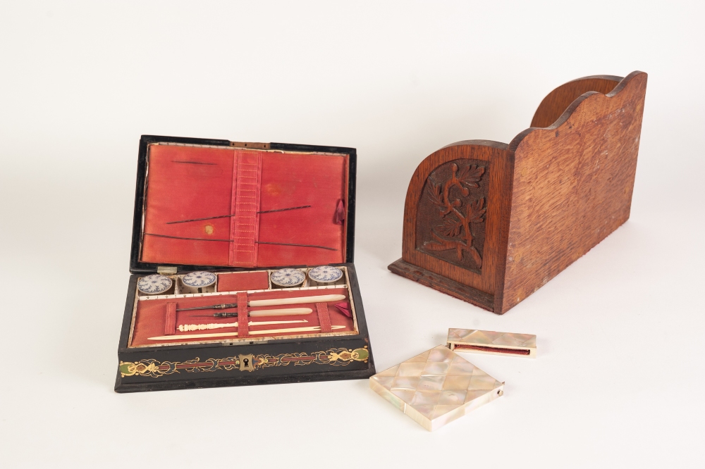 A VICTORIAN PAPER MACHE CASED INCOMPLETE SET OF SEWING REQUISITES, the hinged (defective ) top - Image 2 of 2