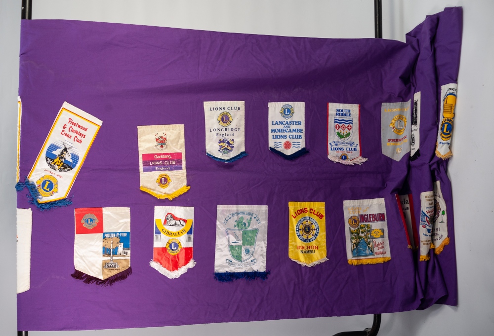 A LONG PURPLE FABRIC SHEET, applied with approx 40 Lions Club pennants - Image 3 of 4
