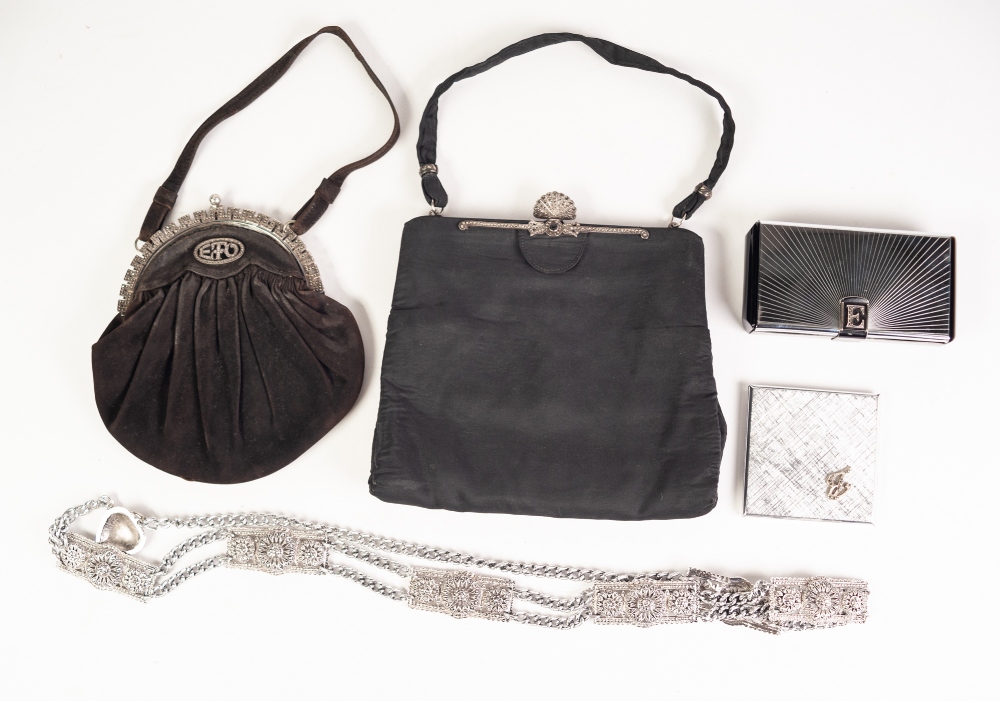 TWO FABRIC AND MARCASITE WHITE METAL MOUNTED LADY'S EVENING BAGS, also a chromium and black