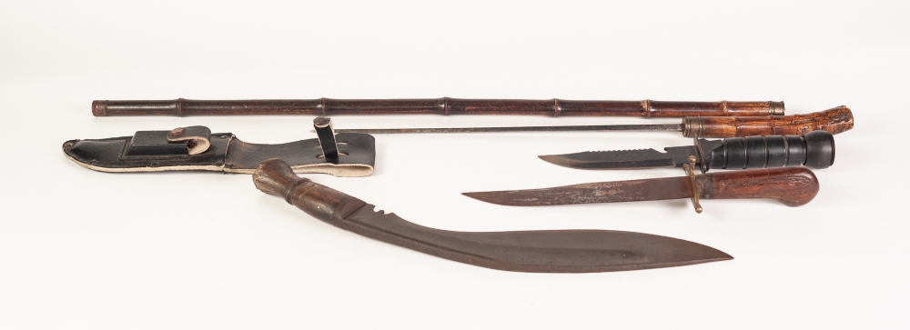 A GHURKA KNIFE, a Taiwanese KNIFE in leatherette sheath, AN INDIAN CARVING KNIFE AND A BAMBOO