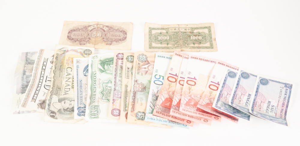 EIGHTEEN FOREIGN BANK NOTES; viz one Malaysian 50 RM note; four 10 RM notes and three one dollar