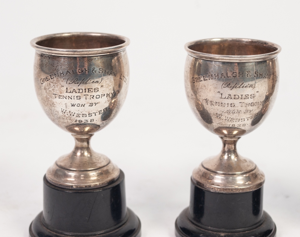 FOUR SILVER GREENHALGH AND SHAW LTD. (REPLICA) LADIES TENNIS TROPHY CUPS, won by W. Webster 1934- - Image 2 of 3