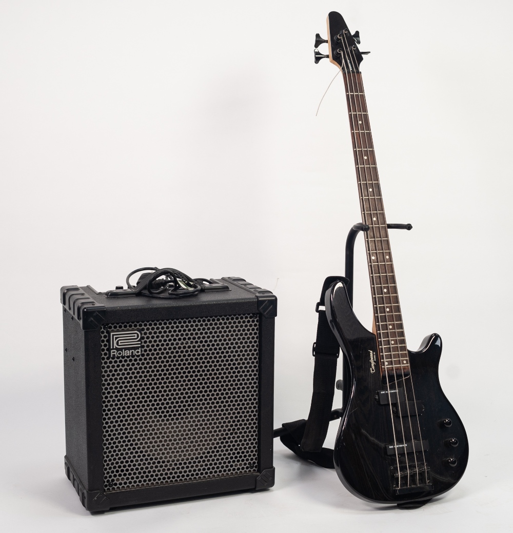 TANGLEWOOD REBEL 4K ELECTRIC FOUR STRING GUITAR, in black, with soft case and stand, and a ROLAND