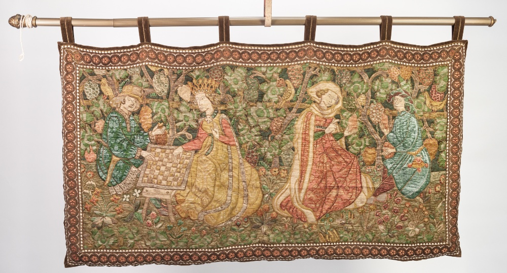 FABRIC WALL HANGING REPLICATING A MEDIAEVAL TAPESTRY printed with courtiers and ladies in a garden