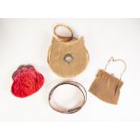 A GILT METAL METAL WIRE MESH LADY'S EVENING BAG, TWO OTHERS AND A BLACK LEATHER BELT, with '