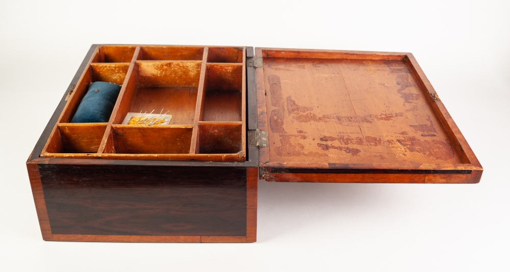 VICTORIAN FIGURED MAHOGANY AND SATINWOOD CROSSBANDED WORK BOX, the compartmented interior with - Image 2 of 3