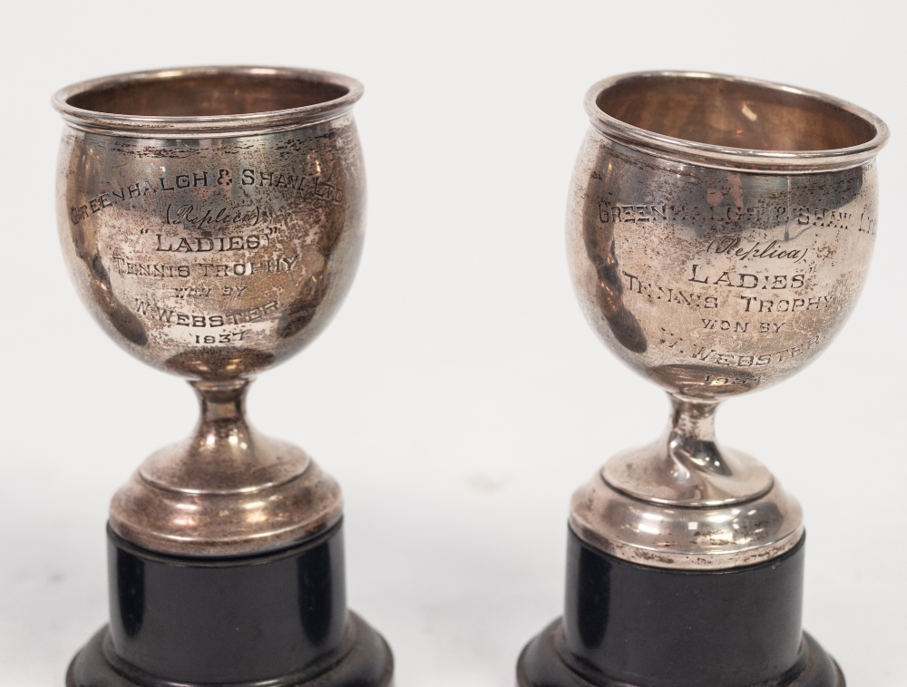 FOUR SILVER GREENHALGH AND SHAW LTD. (REPLICA) LADIES TENNIS TROPHY CUPS, won by W. Webster 1934- - Image 3 of 3