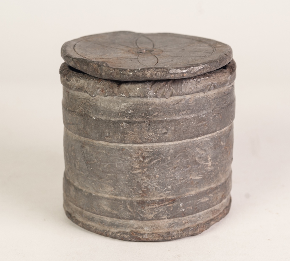 AN AGED LEAD TOBACCO CONTAINER with cover