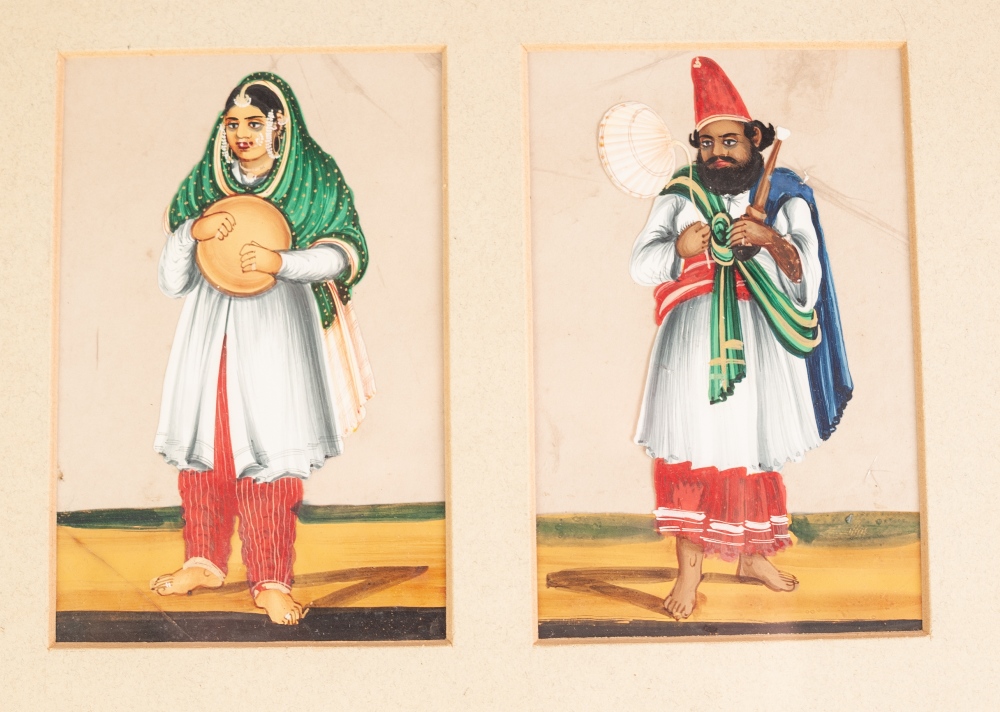 A SUITE OF SIX SMALL INDIAN GOUACHE DRAWINGS of male and female figures containing in four frames - Image 3 of 4