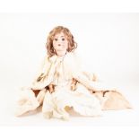 'MADE IN GERMANY' IMPRESSED '3 1/4"' AND '11 1/2"' GIRL CHARACTER DOLL with bisque head, blue