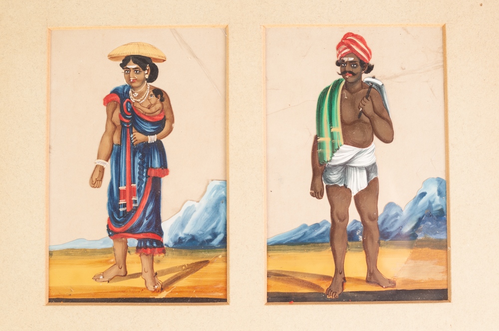 A SUITE OF SIX SMALL INDIAN GOUACHE DRAWINGS of male and female figures containing in four frames