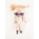 A SMALL HARTMANN D.E.P. BISQUE HEAD 'GLOBE BABY' DOLL in original sailors clothing, composition body