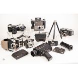 EIGHT VARIOUS PENTAX, KODAK AND OTHER CAMERAS, a CINE CAMERA in case, a folding TRIPOD, a