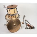 PREMIER THREE PIECE DRUM KIT, in cream, together with a HIGH HAT CYMBAL and a RIDE CYMBAL, stands,
