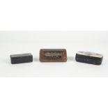 AN EARLY TWENTIETH CENTURY WOODEN SNUFF BOX, the cover inset with a white metal ocean going liner,