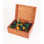 MAHOGANY BOXED SET OF STAUNTON TYPE NATURAL AND EBONISED BOXWOOD WEIGHTED CHESS PIECES - 32 pieces