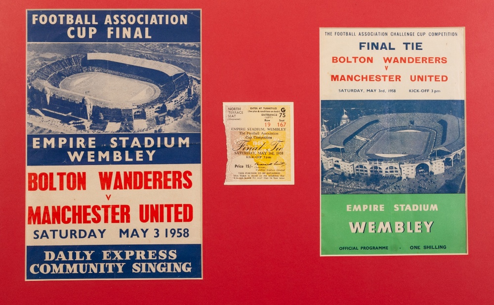 FRAMED AND GLAZED BOLTON v MANCHESTER UNITED 1958 FINAL PROGRAMME with ticket stub and song sheet