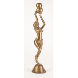 CAST BRONZE FIGURAL CANDLE HOLDER, modelled as a naked female figure in stylised pose, on a domed,