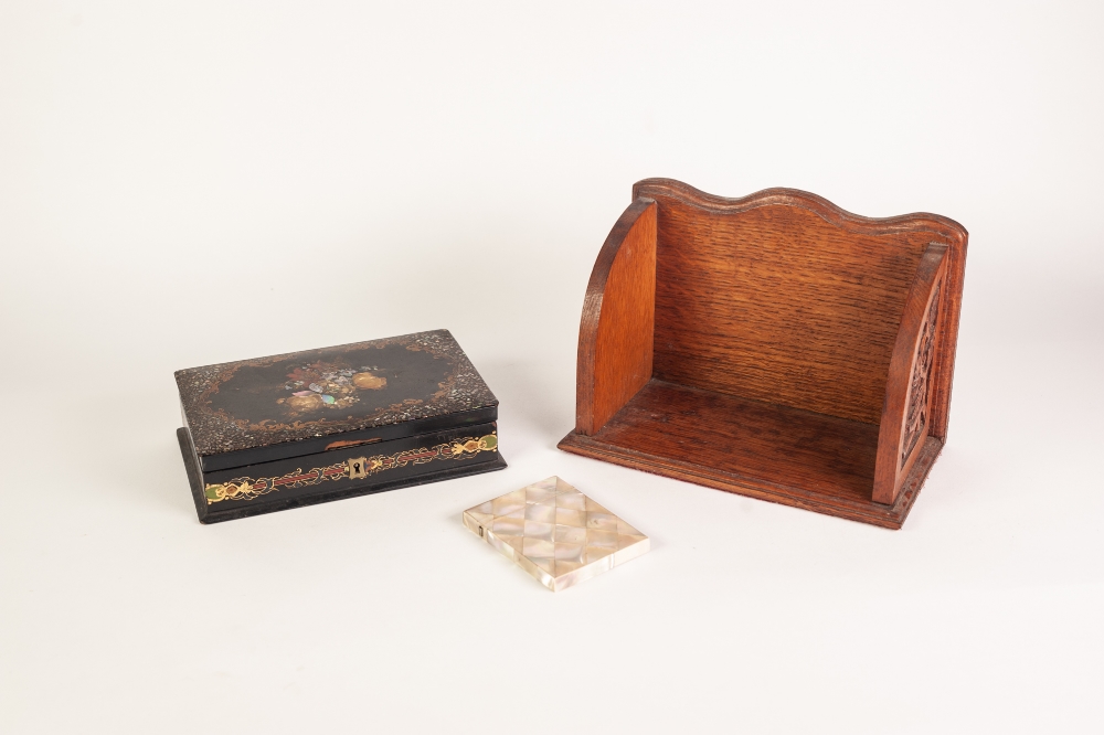 A VICTORIAN PAPER MACHE CASED INCOMPLETE SET OF SEWING REQUISITES, the hinged (defective ) top