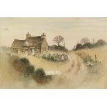 LES HARRIS WATERCOLOUR DRAWING 'Country lane to the Church' Signed and dated 1983, titled to label