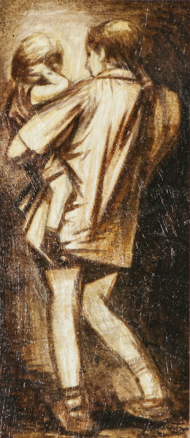 JOHN KIMPTON OVER PAINTED PRINT IN PEN AND SEPIA 'Holding the Baby' Signed 7" x 3" (17.8cm x 7. - Image 2 of 3