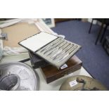 AN OAK CASED SET OF SILVER PLATED FISH KNIVES AND FORKS, TWO OTHER BOXES WITH KNIVES AND FORKS AND