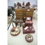 SIX DRAWER WOODEN CHEST, WOODEN PIPE STAND, WOODEN JEWELLERY BOX ETC...
