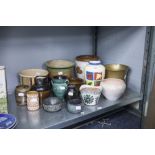 FOUR POTTERY JARDINIERES, FOUR STUDIO POTTERY SMALL CYLINDRICAL VASES AND TRAVEL SOUVENIR CERAMIC