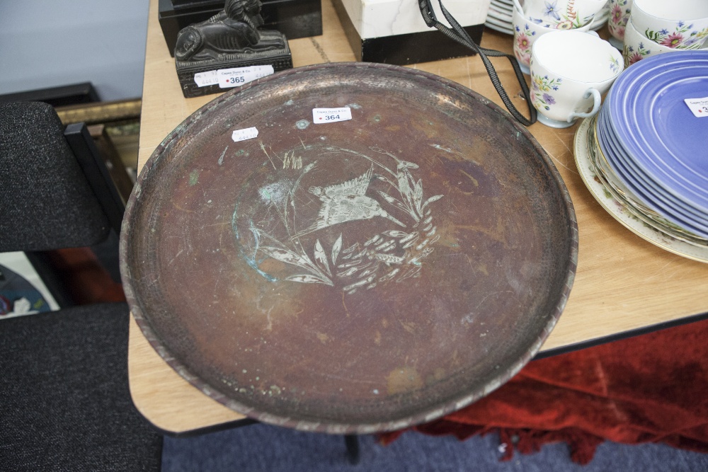 HAROLD HOLMES (FORMER APPRENTICE OF HUGH WALLIS,) ARTS AND CRAFTS INLAID COPPER CIRCULAR SALVER,